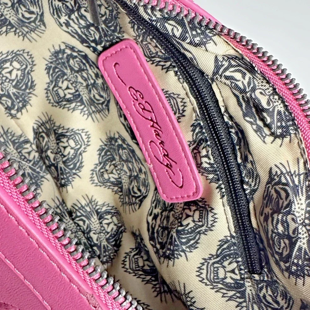 Ed Hardy Pink Tattoo Print Studded Hobo Shoulder Bag Skull Y2K Punk